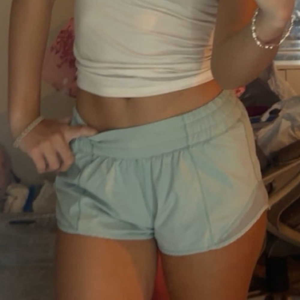 LuluLemon Hotty Hot Shorts (2.5), color is "hazy jade"